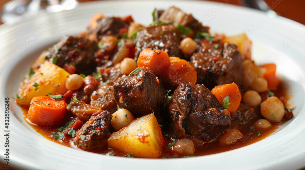 Close-up of delicious beef stew with carrots, potatoes, and chickpeas garnished with parsley, served on a white plate Close-up of delicious beef stew with carrots, potatoes, and chickpeas garnished with parsley, served on a white plate