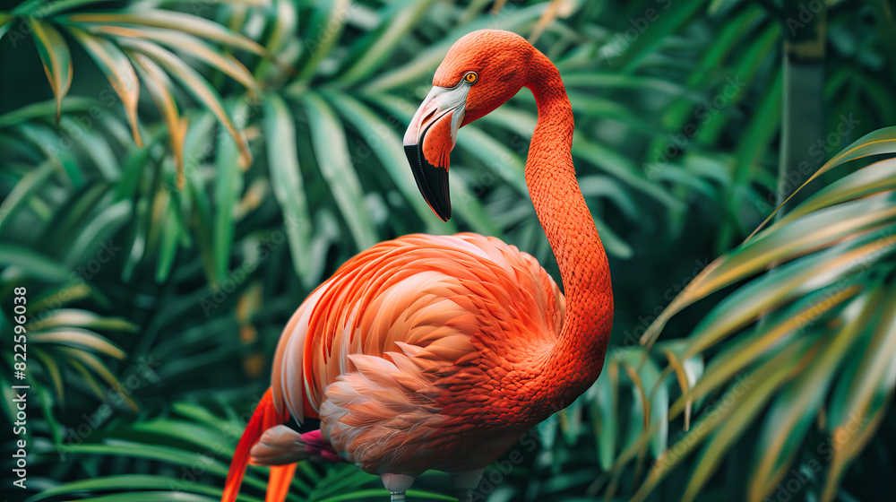 Fototapeta premium Close-Up of a Pink Flamingo, Detailed Portrait Capturing the Essence of Exotic Wildlife Elegance