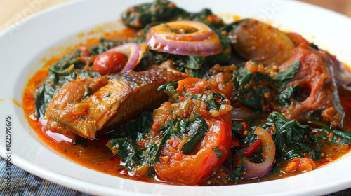 Savory african spinach stew with tender fish, ripe tomatoes, and onions in a flavorful, spicy tomato sauce, presented on a white platter