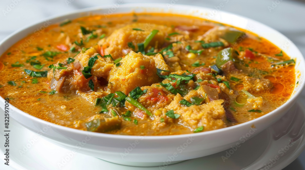Vibrant close-up of a hearty vegetable stew in a white bowl, ideal for a nutritious meal inspiration Vibrant close-up of a hearty vegetable stew in a white bowl, ideal for a nutritious meal inspiration