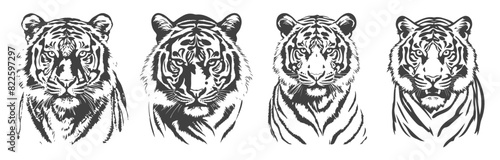 set of tiger silhouettes, black and white vector design, generated ai
