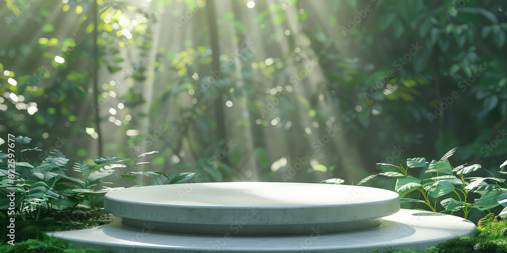 Round plaster podium for product demonstration mockup on sunny green forest background in summertime Round plaster podium for product demonstration mockup on sunny green forest background in summertime