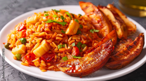Savory rice, grilled ripe plantains, and fresh diced vegetables on a delicious plate, with a touch of herbs