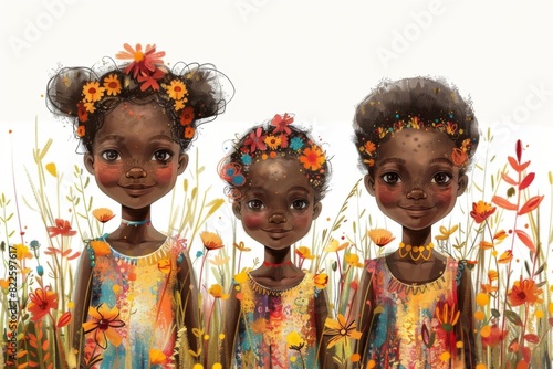 watercolor illustration, international African children's day, smiling African girls among colorful flowers, white background , free space for text