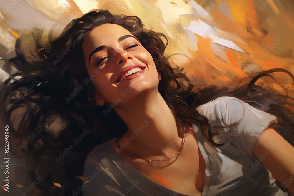 Close-up of a cheerful young woman with a beaming smile and eyes shut, exuding happiness Close-up of a cheerful young woman with a beaming smile and eyes shut, exuding happiness