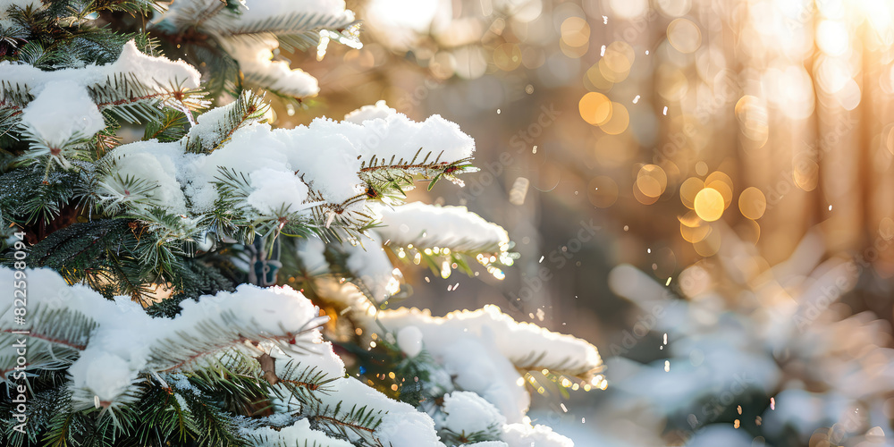 Snow-covered Christmas trees on a sunny winter day against a morning forest background Snow-covered Christmas trees on a sunny winter day against a morning forest background