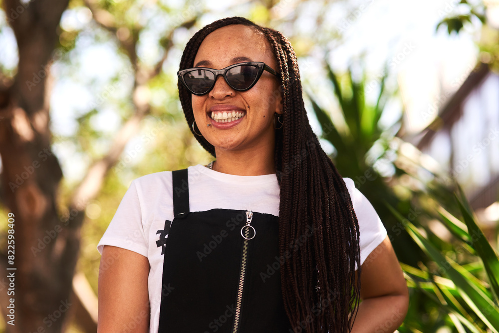 Outdoor, woman and sunglasses in nature for vacation, weekend trip and holiday in California. Outside, happy girl and shades for sunshine with confidence, freedom and excited with pride for travel Outdoor, woman and sunglasses in nature for vacation, weekend trip and holiday in California. Outside, happy girl and shades for sunshine with confidence, freedom and excited with pride for travel