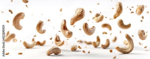 Floating cashew nuts in motion against a white background with s