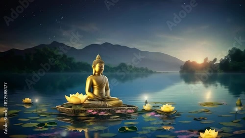 Serene Buddha statue on a lotus flower over calm water, surrounded by glowing lotus lanterns, mountains in background, sunset. Spiritual, tranquility, meditation, peaceful, harmony, zen. photo