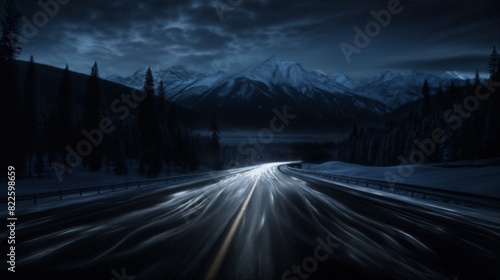 dramatic landscape  view of the night road in front of mountains  dark  starry sky and haze