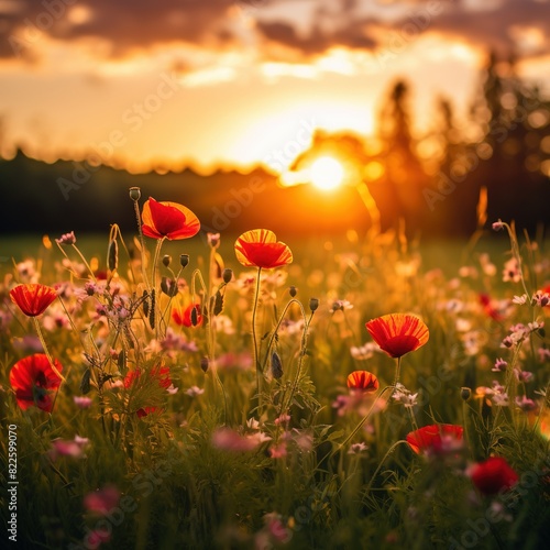 A field filled with red poppies illuminated by the warm light of the setting sun. The flowers stand tall amidst the grassy meadow, creating a vibrant and captivating display of color