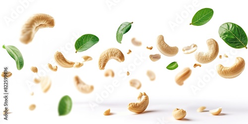 Floating cashew nuts and leaves on white, dynamic and light desi