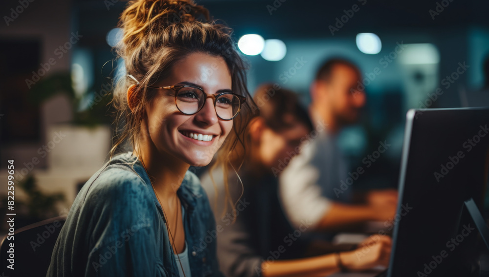 Fototapeta premium Tech Lead responsibilities in order to build strong development Teams. Smiling Female Software Developer leading a project meeting in tech business office