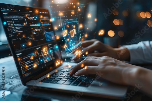 Person typing laptop glowing lights