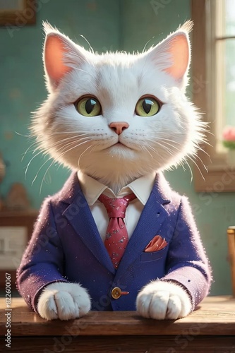 A white cat dressed in formal attire sits at a table photo