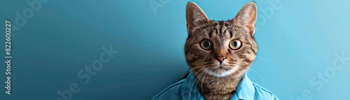 A tabby cat wearing a blue shirt poses against a blue background, looking cute and curious. Perfect for pet-themed projects. photo