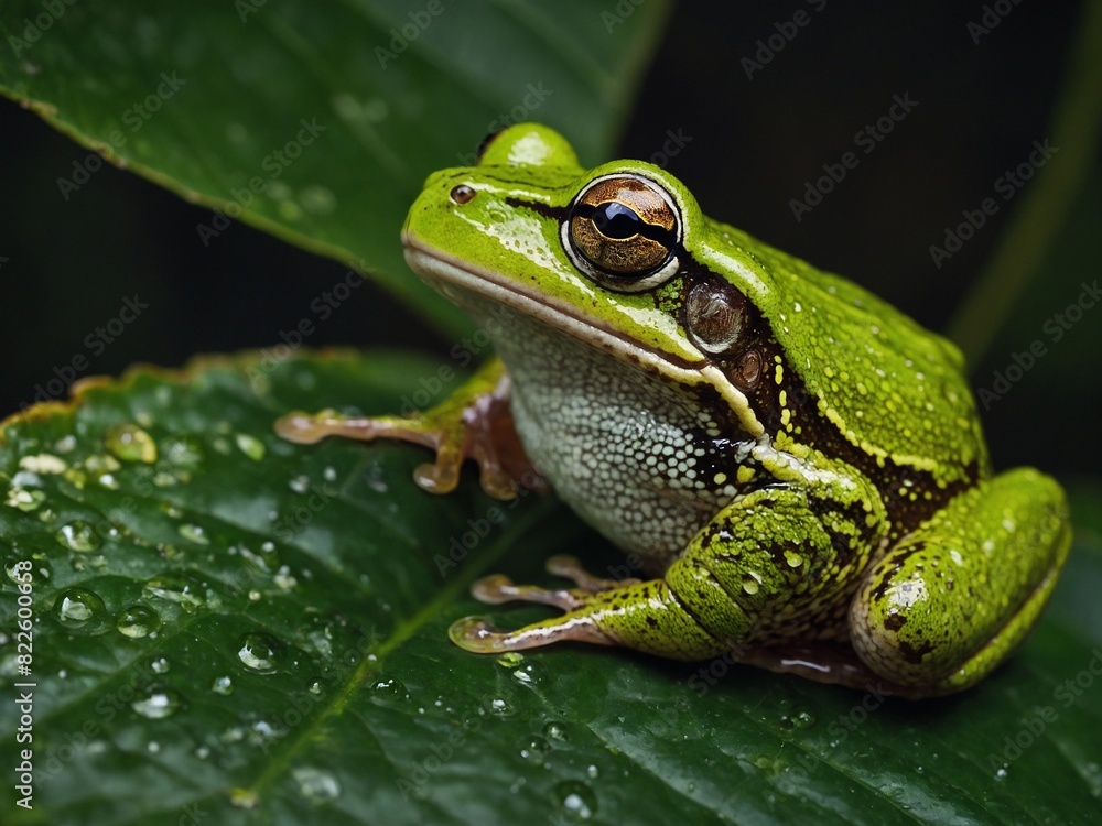 Vibrant green frog with striking orange eyes perched on glossy leaf dotted with water droplets. Amphibians textured skin, delicate fingers showcased, highlighting natural beauty. Vibrant green frog with striking orange eyes perched on glossy leaf dotted with water droplets. Amphibians textured skin, delicate fingers showcased, highlighting natural beauty.