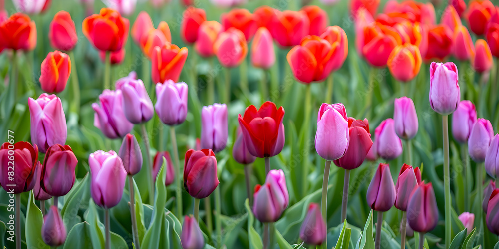 Fototapeta premium A vibrant field of colorful tulips in full bloom during spring, perfect for nature backgrounds, gardening and horticulture promotions.