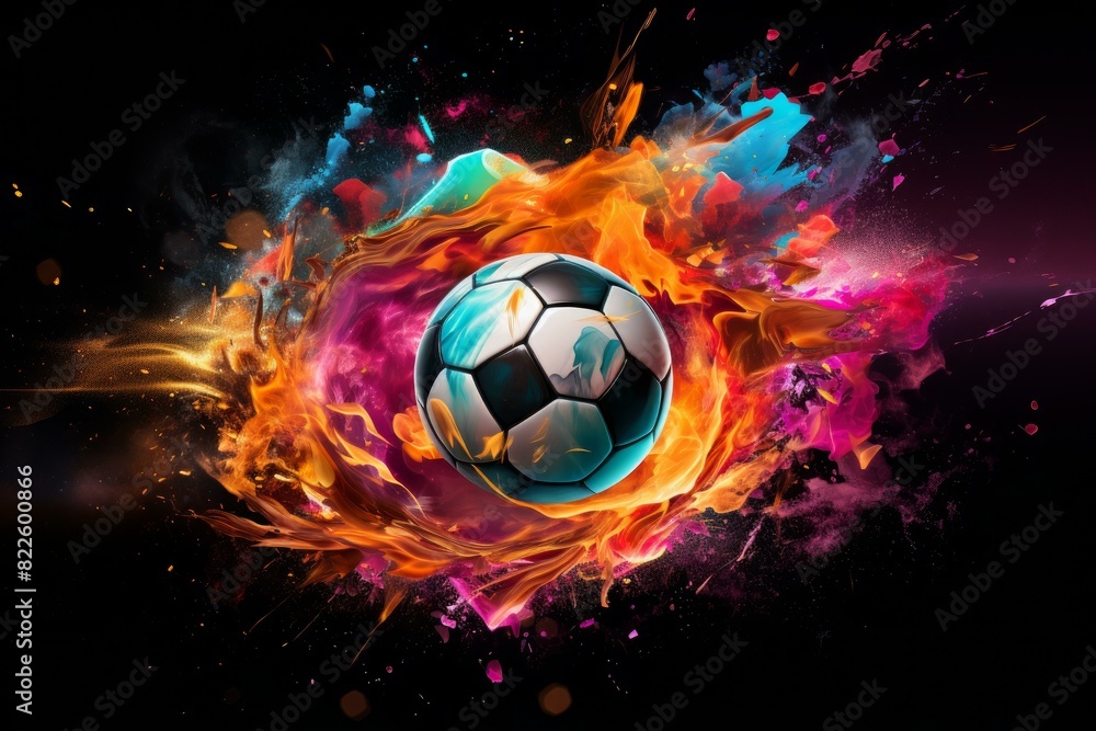 Fototapeta premium Dynamic image of a soccer ball with colorful flames and cosmic energy around it