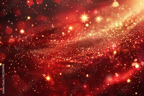 Red and gold glitter backdrop with stars and glowing particles