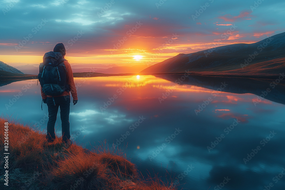 A lone hiker standing at the edge of a lake, with the sunset reflecting on the calm water, creating a mirror-like effect. A lone hiker standing at the edge of a lake, with the sunset reflecting on the calm water, creating a mirror-like effect.