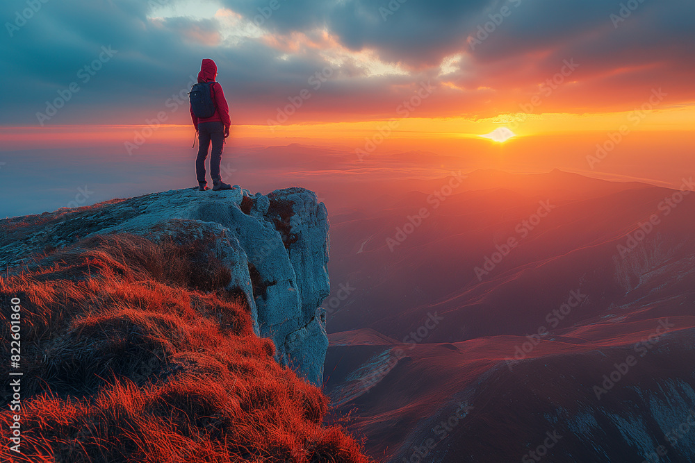 A hiker standing on a cliff edge, watching the sunset over a vast expanse of rolling hills and valleys, with a sense of awe and solitude.