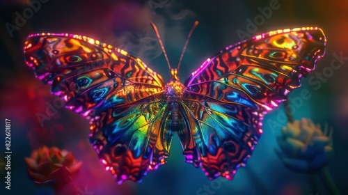Photorealistic glowing psychedelic butterfly, generative cinematic color © Emil