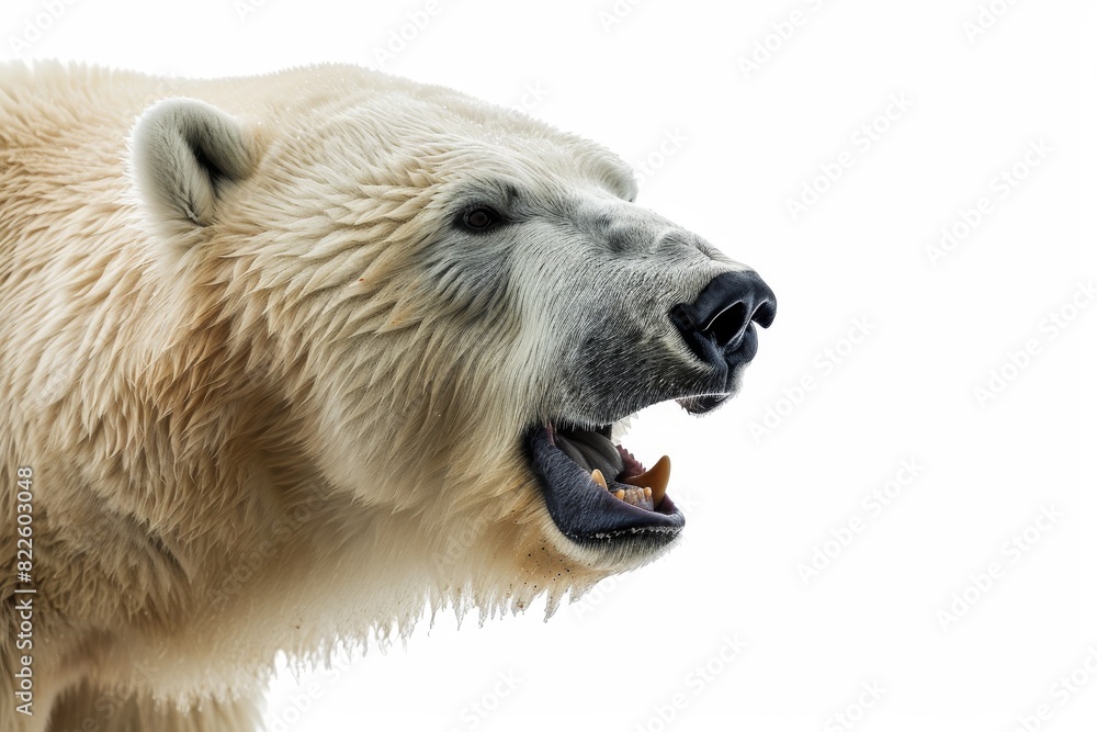 Mystic portrait of Polar Bear in studio, copy space on right side, Anger, Menacing, Headshot, Close-up View Isolated on white background Mystic portrait of Polar Bear in studio, copy space on right side, Anger, Menacing, Headshot, Close-up View Isolated on white background