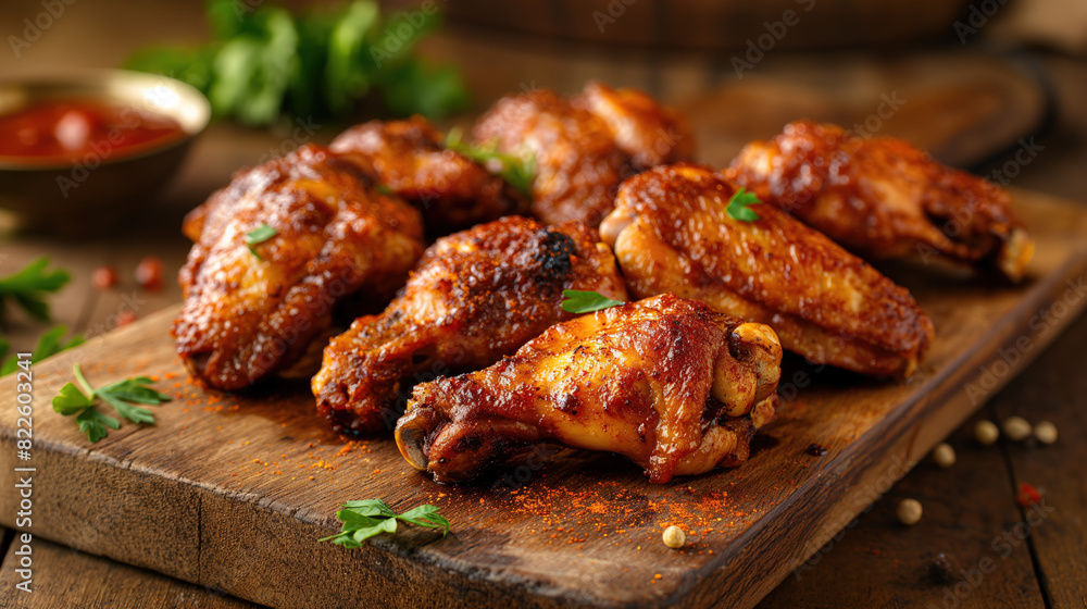 Baked chicken wings with barbecue sauce on a wooden board, in a rustic style kitchen background