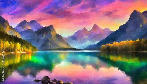 "A majestic sunrise painting the sky in hues of gold and pink over a tranquil lake nestled in the embrace of towering mountains."