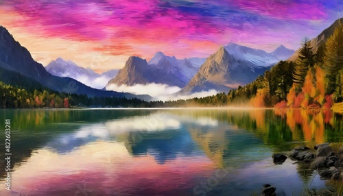  A majestic sunrise painting the sky in hues of gold and pink over a tranquil lake nestled in the embrace of towering mountains. 