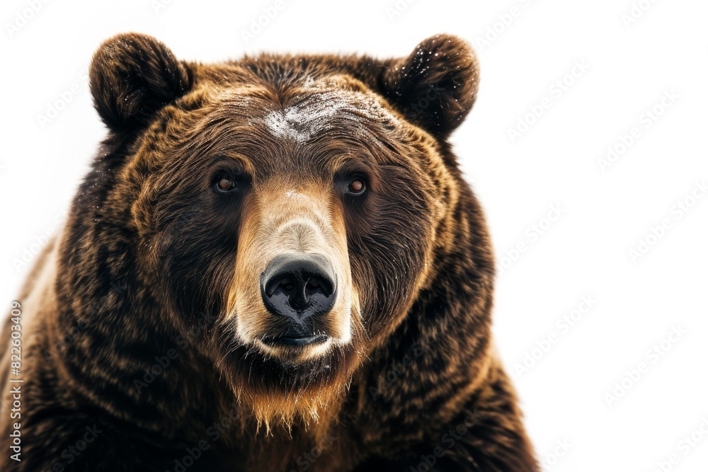 Mystic portrait of Kodiak Bear in studio, copy space on right side, Anger, Menacing, Headshot, Close-up View Isolated on white background Mystic portrait of Kodiak Bear in studio, copy space on right side, Anger, Menacing, Headshot, Close-up View Isolated on white background
