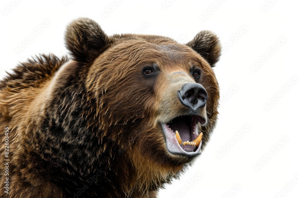 Mystic portrait of Kodiak Bear in studio, copy space on right side, Anger, Menacing, Headshot, Close-up View Isolated on white background Mystic portrait of Kodiak Bear in studio, copy space on right side, Anger, Menacing, Headshot, Close-up View Isolated on white background