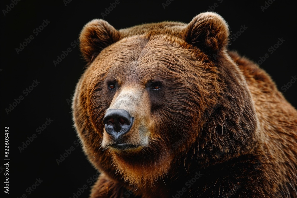 Mystic portrait of Kodiak Bear in studio, copy space on right side, Anger, Menacing, Headshot, Close-up View Isolated on black background Mystic portrait of Kodiak Bear in studio, copy space on right side, Anger, Menacing, Headshot, Close-up View Isolated on black background