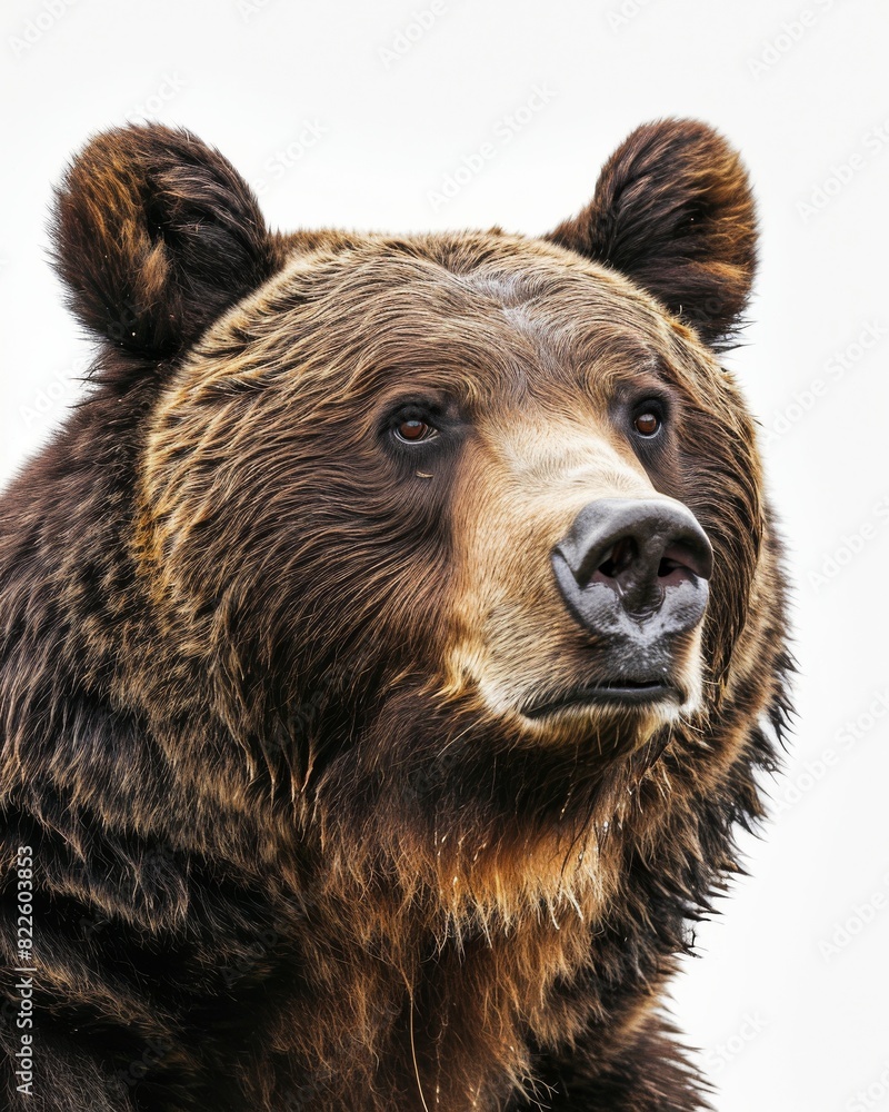 Obraz premium Mystic portrait of Grizzly Bear, copy space on right side, Anger, Menacing, Headshot, Close-up View Isolated on white background