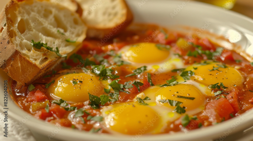 Savory shakshuka topped with poached eggs and fresh parsley, accompanied by crusty bread on a white platter Savory shakshuka topped with poached eggs and fresh parsley, accompanied by crusty bread on a white platter