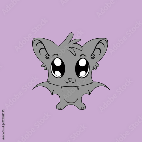 Bat in children's style, toothy, small, gray, funny, cute.