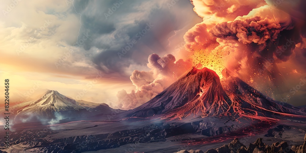 Erupting volcano with lava flow at sunset. Natural disaster, cataclysm concept. Dramatic nature landscape. Design for banner, wallpaper
