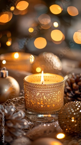 Cozy holiday scene with a lit candle in a decorative holder  surrounded by pine cones and golden ornaments  with bokeh lights in the background.