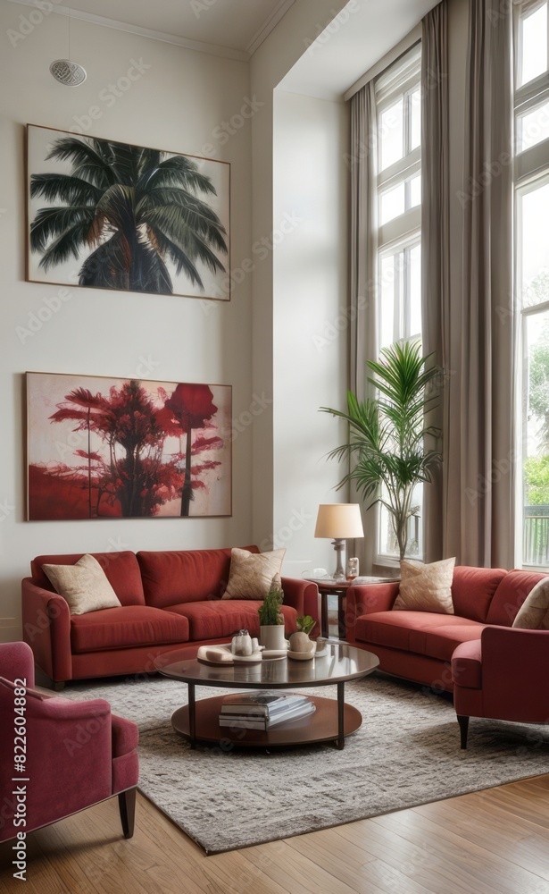 Sophisticated professional photograph of a burgundy and rose gold luxury living room interior with abstract art and indoor palm trees Sophisticated professional photograph of a burgundy and rose gold luxury living room interior with abstract art and indoor palm trees