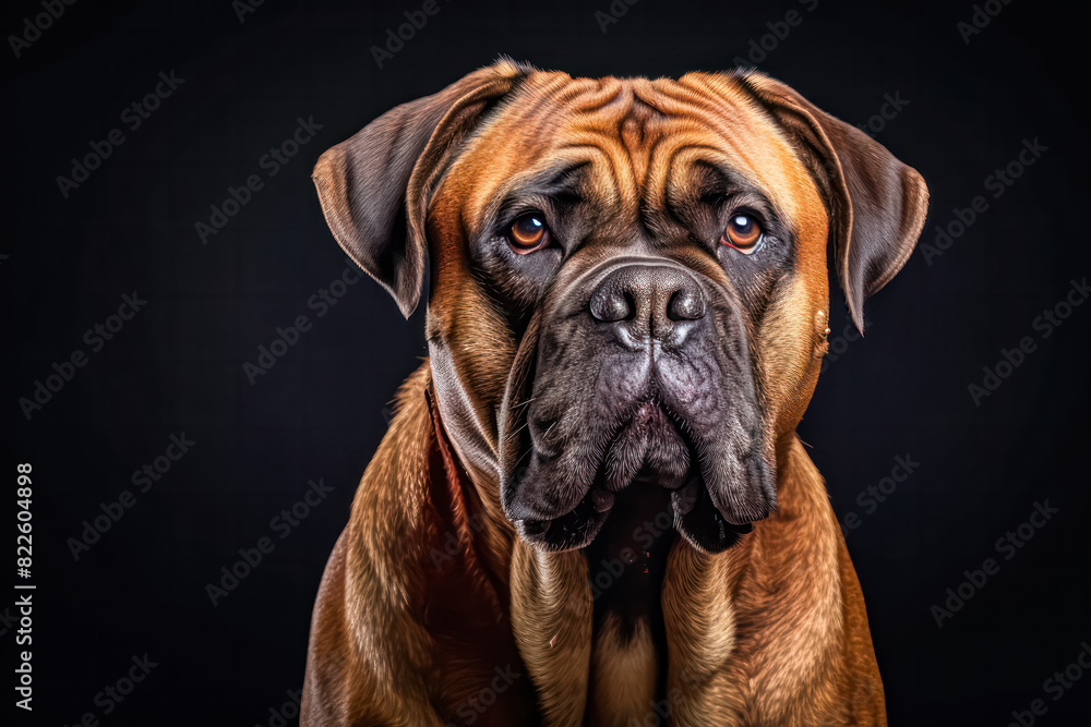 English Mastiff in studio setting against black backdrop, showcasing their playful and charming personalities in professional photoshoot. English Mastiff in studio setting against black backdrop, showcasing their playful and charming personalities in professional photoshoot.