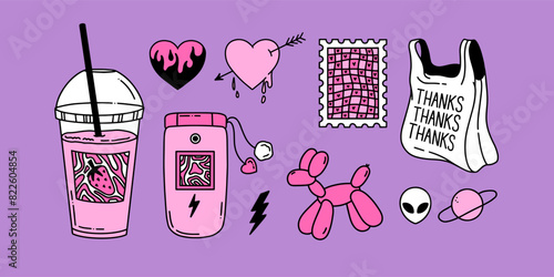 Pink and purple doodle 2000s collection. Y2K color Hand Drawn vector set. Dog balloon, flip phone, strawberry milkshake, plastic bag, stamp and emo hearts. Stylized vector set