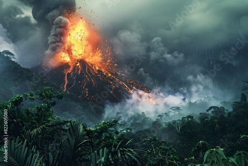 Fototapeta Naklejka Na Ścianę i Meble -  Erupting volcano in a jungle with flowing lava. Natural disaster, cataclysm concept. Dramatic nature landscape. Design for banner, wallpaper