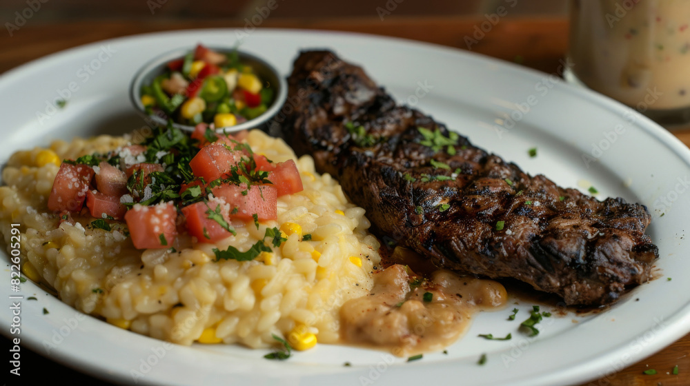 Savory grilled steak paired with creamy risotto and fresh tomato salsa, topped with parsley on a rustic wooden table setting