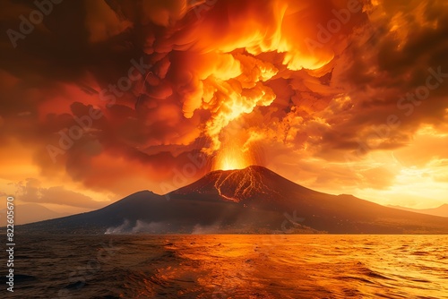 Erupting volcano with smoke and lava by the lake. Natural disaster, cataclysm concept. Nature landscape. Design for banner, wallpaper