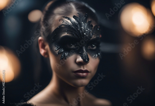 Fototapeta Naklejka Na Ścianę i Meble -  portrait of a ballerina woman in black swan makeup
