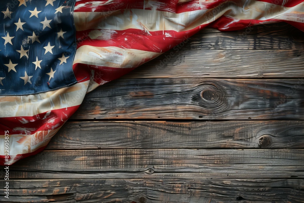 Old american flag on wooden surface Old american flag on wooden surface