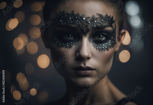 Fototapeta Naklejka Na Ścianę i Meble -  portrait of a ballerina woman in black swan makeup

