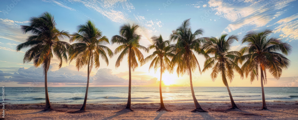 Obraz premium Row of Coconut Palms at Sunset on the Beach