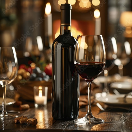 Elegant bottle of red wine with a filled glass set on a cozy, candle-lit dinner table, perfect for festive or intimate gatherings.
